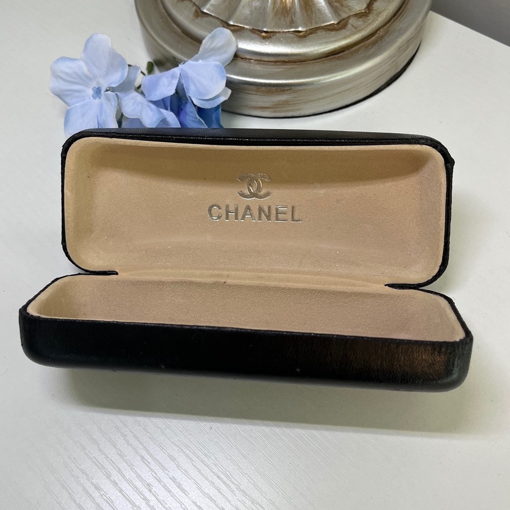 Chanel Black Leather Hard‎ Glasses Case Clamshell Sunglasses Case CC Logo